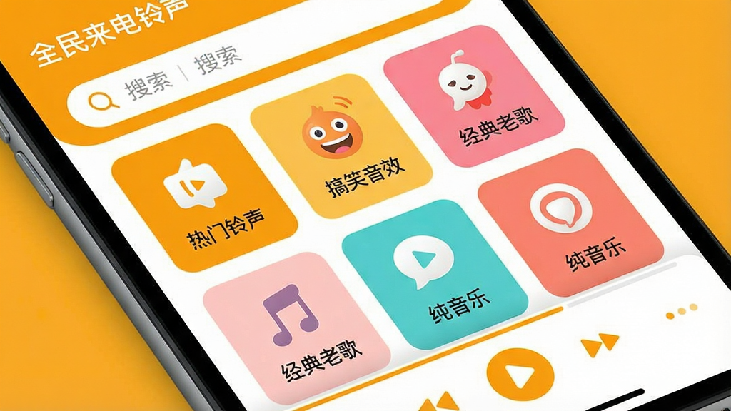 һ���ֻ���Ļ��д����Ļ��չʾ�š�ȫ������������APP�������棬������Ƽ�����죬���������������м��Ǹ�����������Ŀ�Ƭʽ���֣����硰����������������Ц��Ч�����������ϸ衱���������֡��ȣ���Ƭ���ж�Ӧ��ͼ������֣��ײ��ǲ��ſ�����������ɫ���Ի��õĳȻ�ɫ�Ͱ�ɫΪ��������ִ���ƽ��ϸ��Բ�󣬻��ʸɾ��������޶���Ԫ�ء�