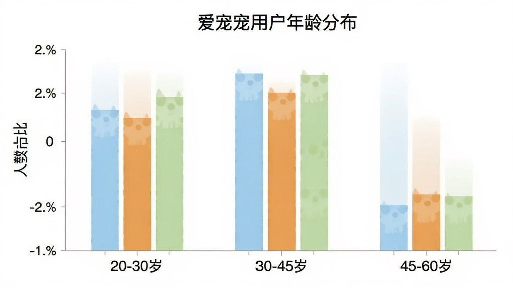 爱宠宠用户年龄分布柱状图,横轴标注20-30岁、30-45岁、45-60岁三个年龄段,纵轴标注人数占比,柱状图颜色分别为浅蓝、暖橙、淡绿,图表标题为“爱宠宠用户年龄分布”,背景白色,风格简洁数据可视化,画质干净,无多余元素