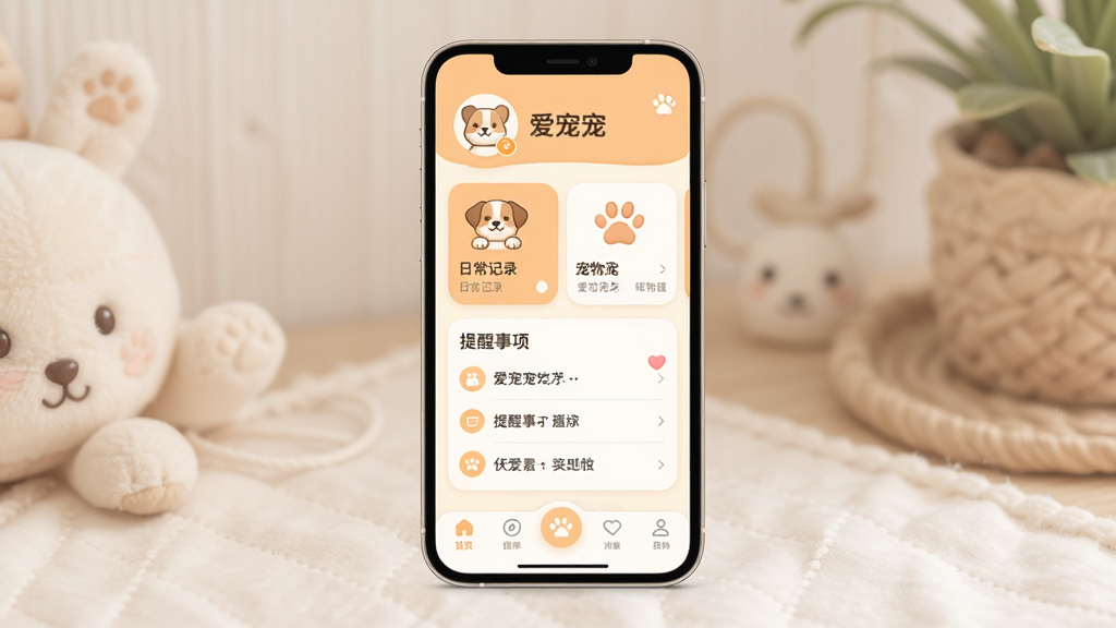 爱宠宠软件主界面全貌展示,画面中央是手机屏幕,屏幕内显示爱宠宠APP的首页布局,顶部有宠物头像和名字,中间是宠物日常记录卡片和提醒事项列表,底部导航栏清晰可见,整体配色温暖柔和,以米白色和浅橙色为主,风格清新可爱,细节圆润精致,画质干净清晰,无多余元素