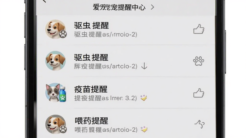 爱宠宠提醒中心界面截图,手机屏幕显示多条提醒事项列表,包括驱虫提醒、疫苗提醒、喂药提醒等,每条提醒前方有对应的宠物头像图标,背景是浅灰色,文字清晰可读,整体布局整齐,风格简洁现代,画质干净