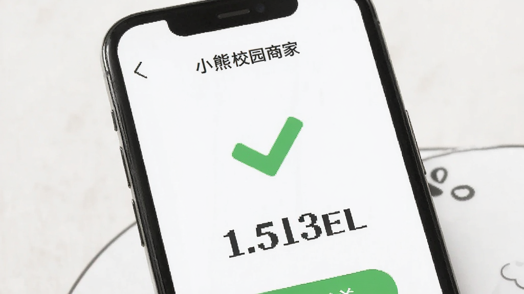 小熊校园商家 收款成功 界面 展示 绿色对勾 与 金额 数字 手机屏幕 简洁 现代 风格 干净 无多余元素