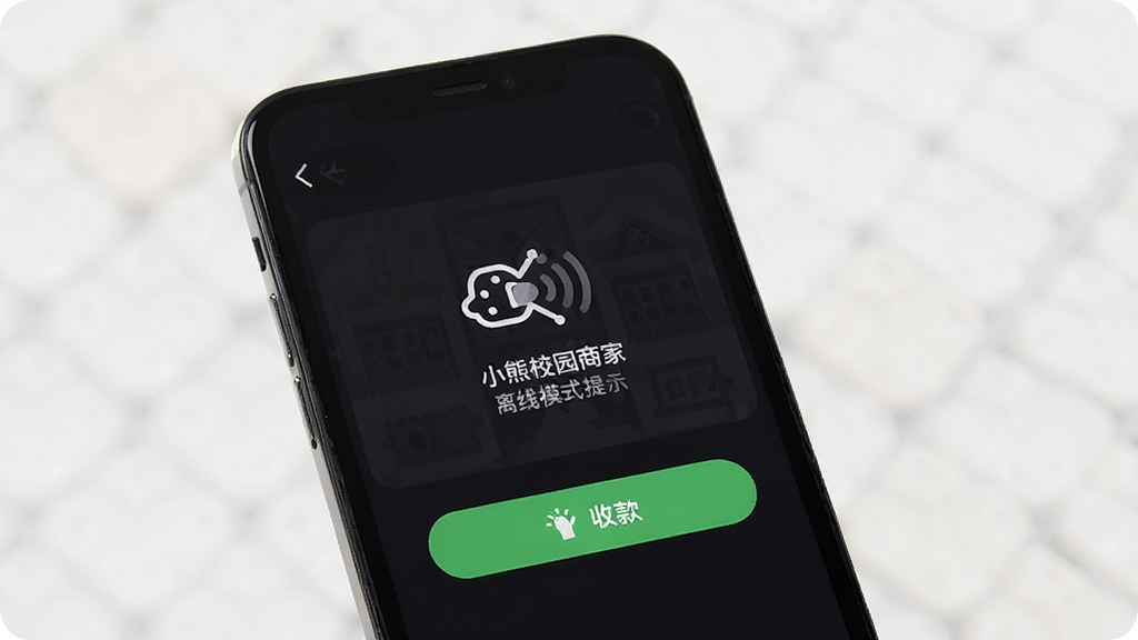 小熊校园商家 离线模式 提示 界面 展示 网络 断开 图标 与 收款 按钮 手机屏幕 深色 模式 干净 无多余元素