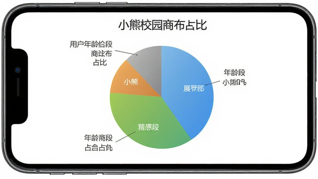 小熊校园商家 用户年龄分布 饼状图 展示 不同 年龄段 占比 手机屏幕 信息图 风格 干净 无多余元素
