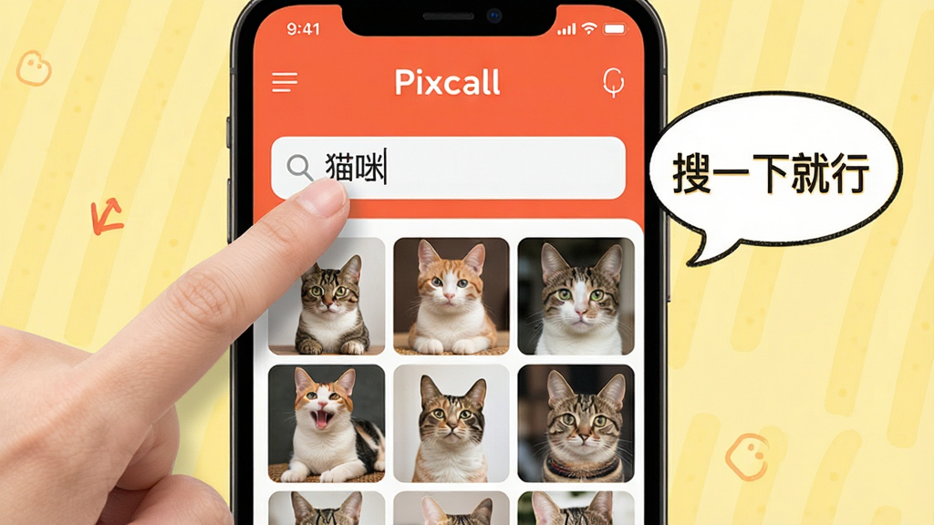 一张展示Pixcall操作技巧的图片,画面中一部手机屏幕显示Pixcall应用,屏幕上有一个手指正在点击搜索栏,搜索栏里输入了猫咪两个字,下方立刻显示出一堆猫咪图片,屏幕旁边有文字气泡写着搜一下就行,背景是浅黄色,风格轻松活泼,画质干净,无多余元素