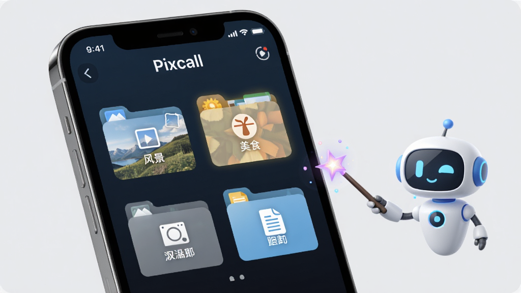 一张展示Pixcall智能分类功能的图片,画面中一部手机屏幕内,Pixcall应用界面显示图片被自动分到不同的文件夹中,文件夹标签写着风景、美食、截图、文档,每个文件夹上有对应的图标,屏幕旁边有一个AI机器人小图标正在用魔法棒指向这些文件夹,背景是简洁的浅灰色,风格科技感但保持清爽,画质干净,无多余元素