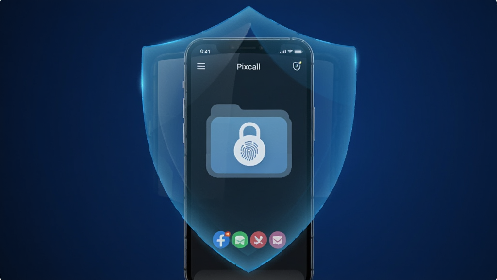 一张展示Pixcall私密空间功能的图片,画面中一部手机屏幕内,Pixcall应用显示一个带锁的文件夹图标,锁上有一个指纹图案,手机屏幕周围有一层半透明的蓝色光盾包围,象征安全保护,背景是深蓝色渐变,风格科技安全,画质干净,无多余元素