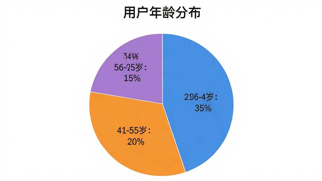 一张展示Pixcall用户评价的饼状图,图表标题是用户年龄分布,饼图分为四块,18-25岁占30%,26-40岁占35%,41-55岁占20%,56-60岁占15%,每块颜色不同并标注百分比,背景是白色,风格简洁数据可视化,画质干净,无多余元素