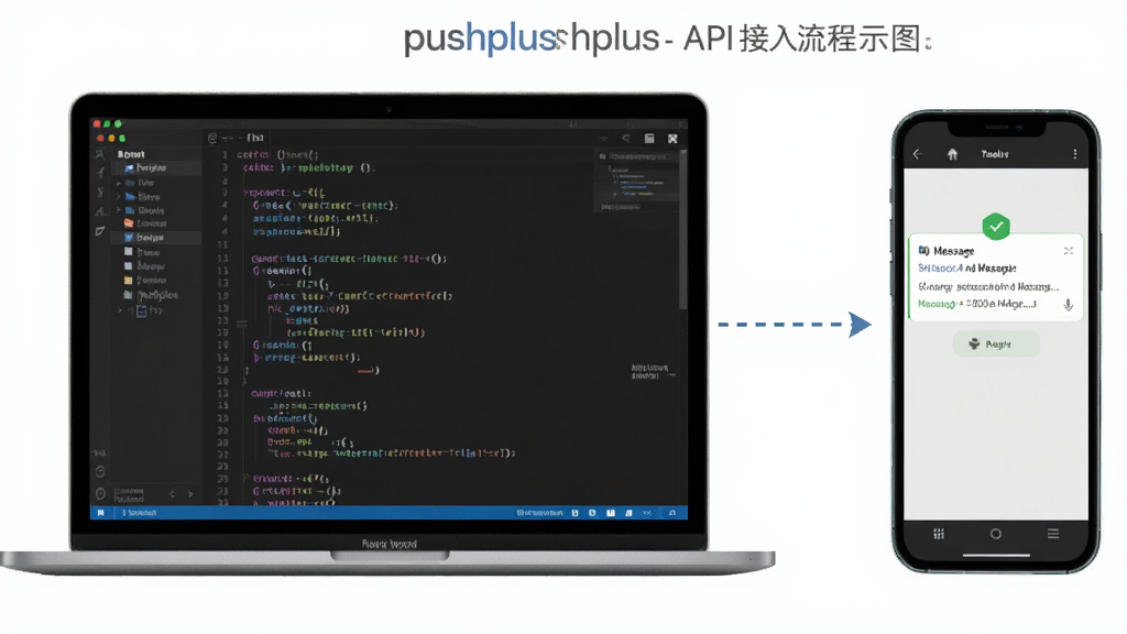 一张展示pushplus API接入流程的示意图,画面中有一台笔记本电脑屏幕显示代码编辑器,旁边是手机接收推送消息的界面,中间用虚线箭头连接,布局左右分布,风格简约科技风,细节清晰,画质干净无多余元素