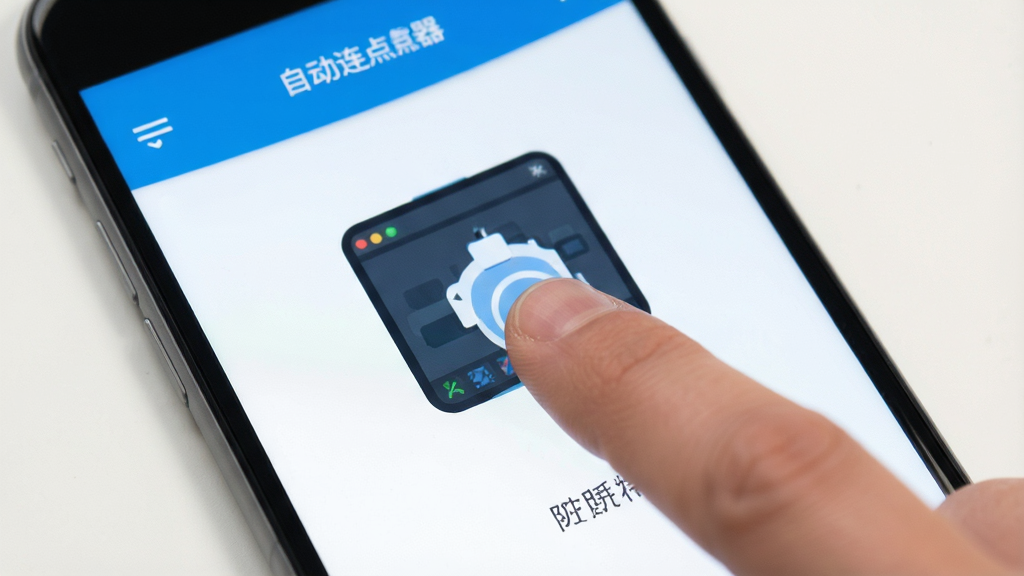 自动万能连点器 手机屏幕 手指点击 自动化操作 工具界面 简洁设计 蓝白配色 扁平化风格 高清画质 无多余元素