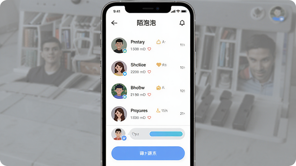 一张展示两性陌泡约会软件核心全貌的手机界面截图,主体为手机屏幕,布局居中,屏幕内显示两性陌泡约会APP的主页,有用户头像列表和聊天按钮,排版简洁,风格现代扁平化,细节圆润,画质清晰干净,无多余元素。