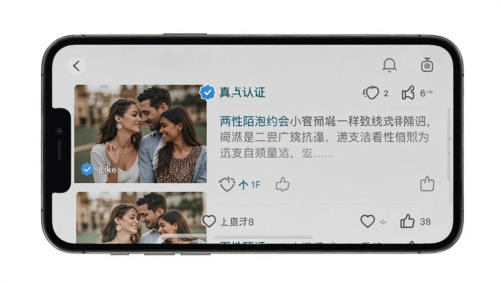 一张展示两性陌泡约会动态广场和真人认证标识的界面图,主体为手机屏幕,布局为信息流列表,排版左图右文,风格社交生活化,细节有认证徽章和点赞图标,画质清晰,干净无多余元素。