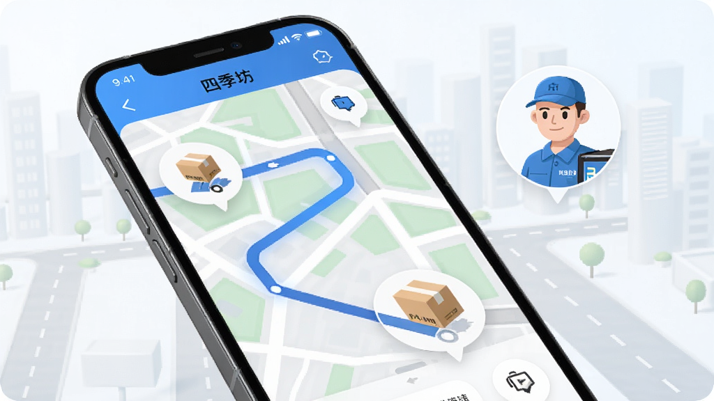 ������桰�ļ�����App�Ķ�������׷�ٽ��棬һ���ֻ���Ļ����ʾ�ŵ�ͼ�켣�Ͱ���ͼ�꣬�Ա�������Ա��С���񣬱����ǳ��е�·��ͼ������ִ��Ƽ��У�ϸ�����������ʸɾ��޶���Ԫ�أ�ͻ��ʵʱ׷�ٵı���ԡ�