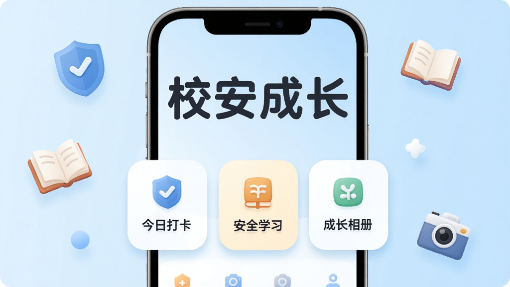 校安成长 软件主界面展示图,手机屏幕居中放置,屏幕内显示“校安成长”四个大字标题,下方有今日打卡、安全学习、成长相册三个圆角功能卡片,背景是淡蓝色渐变,周围漂浮着盾牌、书本、相机小图标,风格清新扁平,细节圆润,画质干净无多余元素