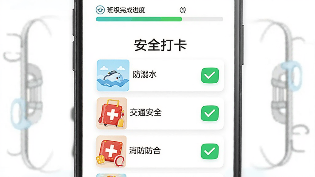 校安成长 安全打卡功能界面,手机屏幕中间显示“安全打卡”标题和防溺水、交通安全、消防安全三个任务卡片,每个卡片右侧有绿色的完成勾选按钮,屏幕上方有班级完成进度条,背景白色,风格简洁扁平,画质干净无多余元素