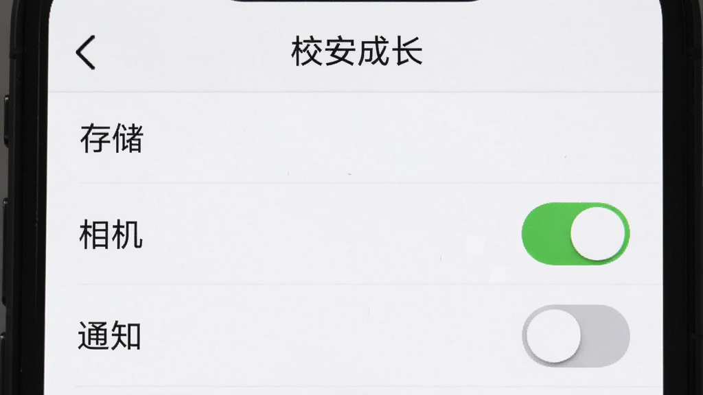 校安成长 手机权限设置界面截图,手机屏幕显示应用权限管理页面,列表中存储、相机、通知三项权限旁边有开关按钮,存储和通知为绿色开启状态,相机为灰色关闭状态,屏幕上方有“校安成长”应用名称,背景白色,风格清晰简洁,画质干净无多余元素