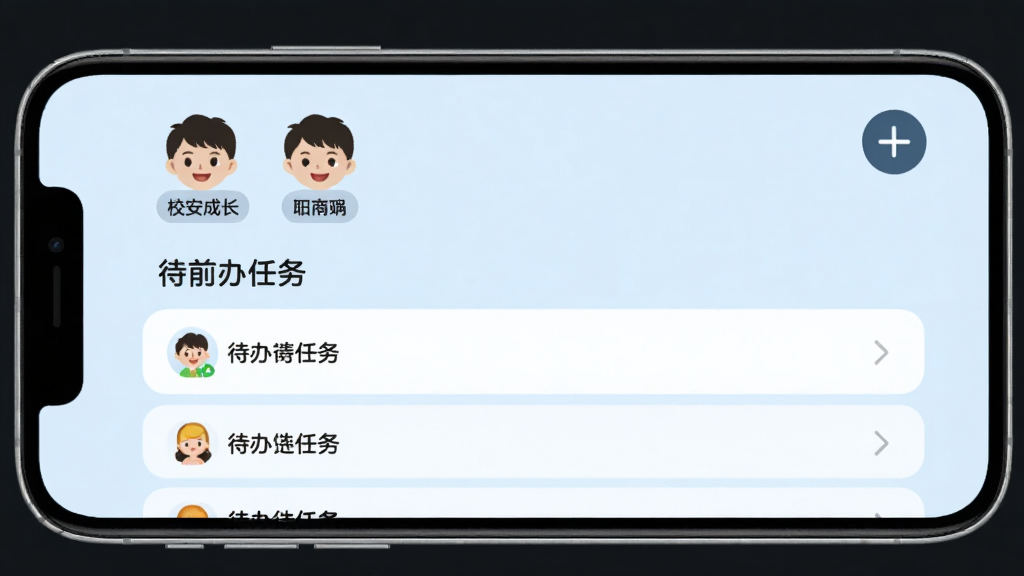 校安成长 多孩子切换界面,手机屏幕顶部显示两个孩子头像和姓名标签,下方显示当前选中孩子的待办任务列表,右上角有添加孩子的加号按钮,背景淡蓝色,风格清爽简洁,画质干净无多余元素
