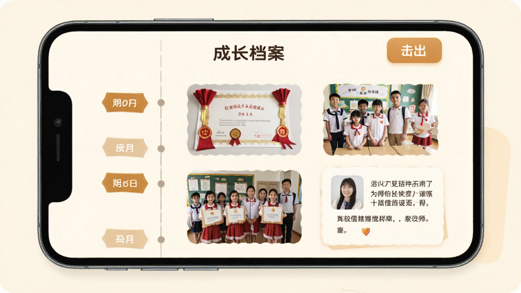 校安成长 成长档案页面,手机屏幕显示时间轴布局,左侧有月份标签,右侧排列着奖状照片、活动合影和老师文字评语卡片,顶部有“成长档案”标题和导出按钮,背景米白色,风格温馨简洁,画质干净无多余元素