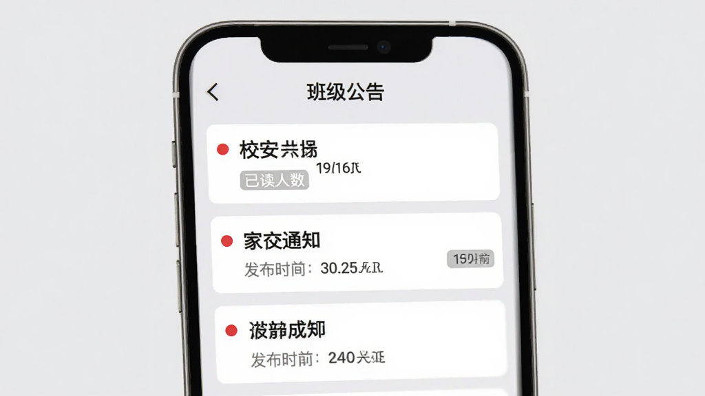 校安成长 家校通知界面,手机屏幕顶部显示“班级公告”标题,下方排列着三条通知卡片,每条卡片有标题、发布时间和已读人数标签,未读的卡片左侧有红点,背景浅灰色,风格干净利落,画质清晰无多余元素