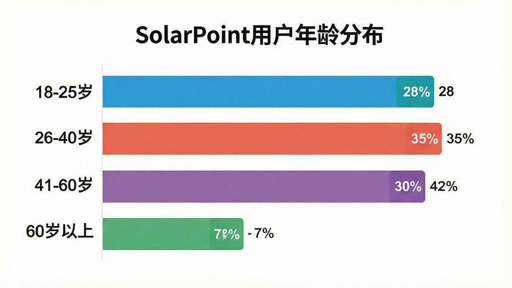 一张展示SolarPoint不同年龄段用户占比的柱状图,主体是数据统计图表,布局为横向柱状图居中展示,排版上左侧为年龄段标签,右侧为彩色柱条,风格为简洁信息图风,细节包括18-25岁占28%,26-40岁占35%,41-60岁占30%,60岁以上占7%,每个柱条顶部有百分比数字,画质干净,无多余元素,画面中文字标注“SolarPoint用户年龄分布”