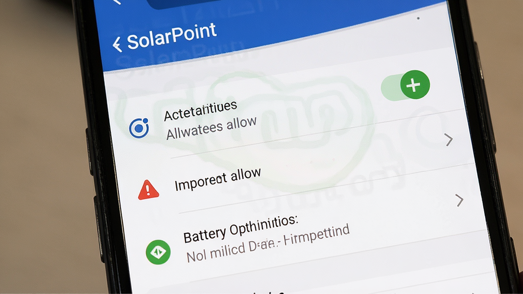 一张展示SolarPoint权限设置与电池优化界面的AI生图,主体是手机屏幕显示安卓应用权限管理页面,布局为手机竖屏正面展示,排版上权限列表占据屏幕主体,风格为系统设置写实风,细节包括定位权限显示为始终允许,电池优化显示为无限制,旁边有红色警示图标提示重要设置,画质清晰,干净,无多余元素,画面中文字标注“SolarPoint”