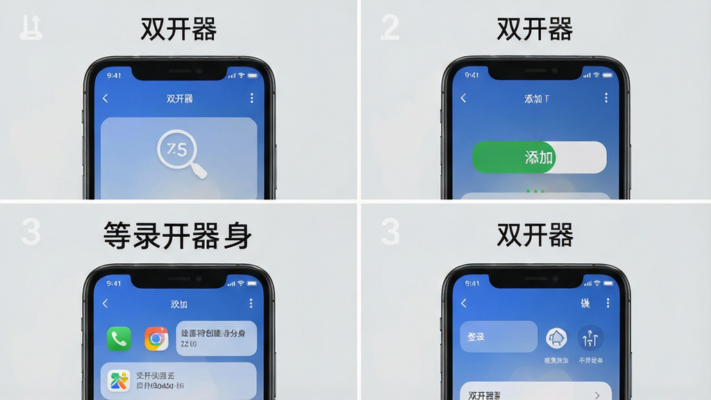 一张手机操作步骤示意图,画面分为四格,分别展示打开双开器、点击添加按钮、等待创建分身、登录第二个账号的过程,每格配有一个手机屏幕截图,屏幕上方有“双开器”文字标识,背景为浅灰色,风格清晰易懂,画质干净