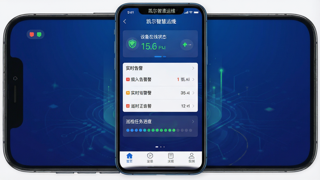 一张手机应用界面展示图,画面中央是“凯尔智慧运维”应用的主界面,深蓝色渐变背景,顶部显示设备在线状态卡片,中间有实时告警列表和巡检任务进度条,底部导航栏有四个图标,界面布局清晰,文字标签为中文,风格现代科技感,扁平化设计,画质干净无多余元素