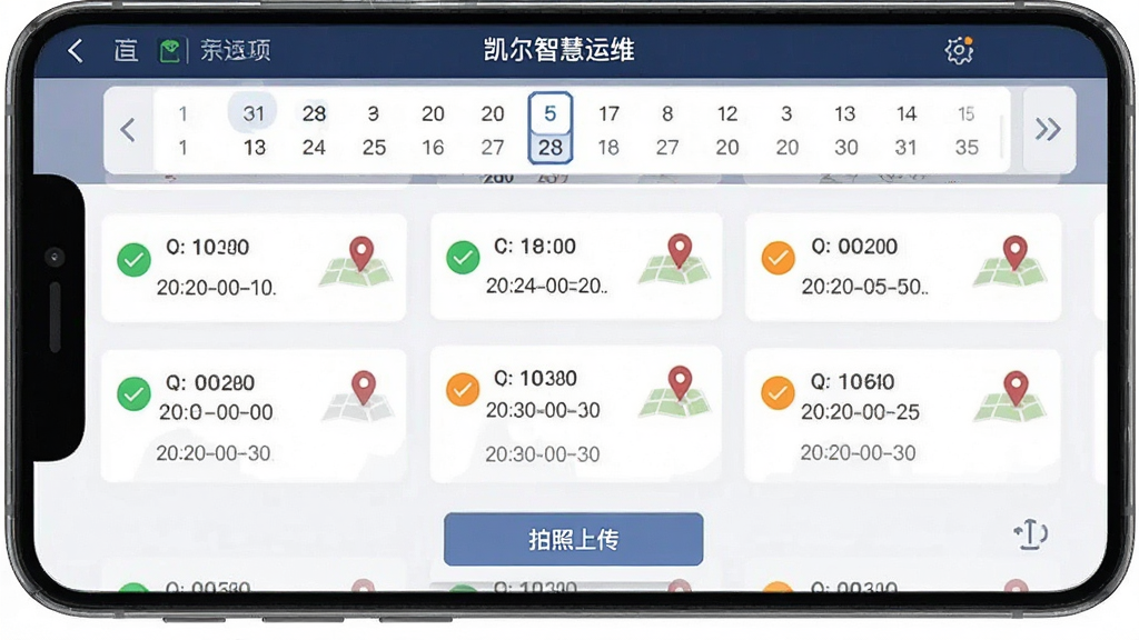 一张AI生成的巡检管理界面图,画面展示“凯尔智慧运维”手机端巡检任务列表,布局为顶部日历筛选栏,中间是带有时间戳和定位图标的巡检记录卡片,底部有拍照上传按钮,风格为简洁商务风,细节包含绿色完成标识和橙色待办标识,画质干净无多余元素