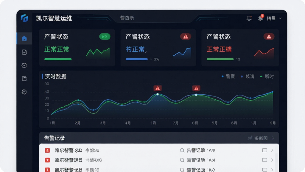 一张AI生成的设备监控看板图片,画面主体是“凯尔智慧运维”App界面,布局为上方显示三台设备的运行状态卡片,中间是实时数据折线图,下方是告警记录列表,排版整齐,风格为深色科技风,细节包含绿色正常状态标识和红色告警标识,画质清晰干净,无多余元素