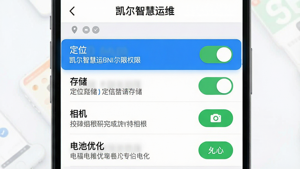 一张AI生成的新手操作指引图,画面展示“凯尔智慧运维”手机端权限设置界面,布局为设置列表形式,包含定位、存储、相机、电池优化四个权限选项,每个选项旁有开关按钮和说明文字,风格为简洁明快扁平风,细节包含蓝色高亮提示框和绿色允许按钮,画质清晰干净无多余元素
