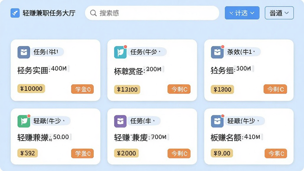 一张轻赚兼职任务大厅的界面截图,屏幕上展示多个任务卡片,每个卡片带有任务类型图标、标题、赏金金额和剩余名额标签,背景为浅蓝色,顶部有搜索框和筛选按钮,风格现代扁平,文字清晰,画质干净