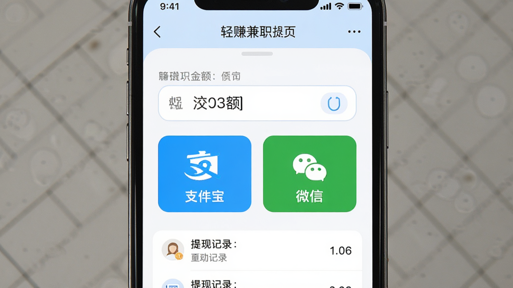 一张轻赚兼职提现页面的手机截图,屏幕中央显示提现金额输入框和支付宝、微信两个提现渠道图标,下方有提现记录列表,界面以白色和浅蓝色为主,布局清晰,按钮圆润,画质干净无多余元素
