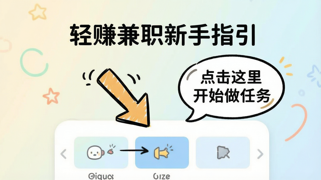 一张轻赚兼职新手指引页面的截图,屏幕中央显示一个卡通手绘风格的引导箭头指向底部任务选项卡,旁边有文字气泡提示“点击这里开始做任务”,背景是浅色渐变,风格轻松活泼,画质干净
