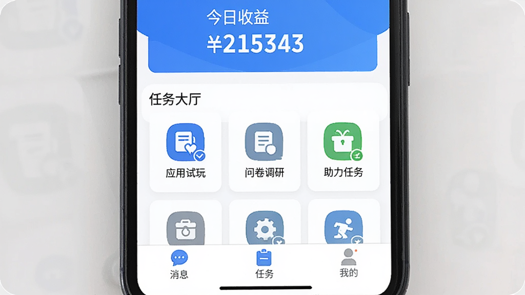 一张手机屏幕展示轻赚兼职APP主界面的图片,界面顶部显示今日收益金额,中间是任务大厅列表,包含应用试玩、问卷调研、助力任务等图标,底部有消息、任务、我的三个选项卡,整体以蓝白配色为主,风格简洁干净,画质清晰,无多余元素