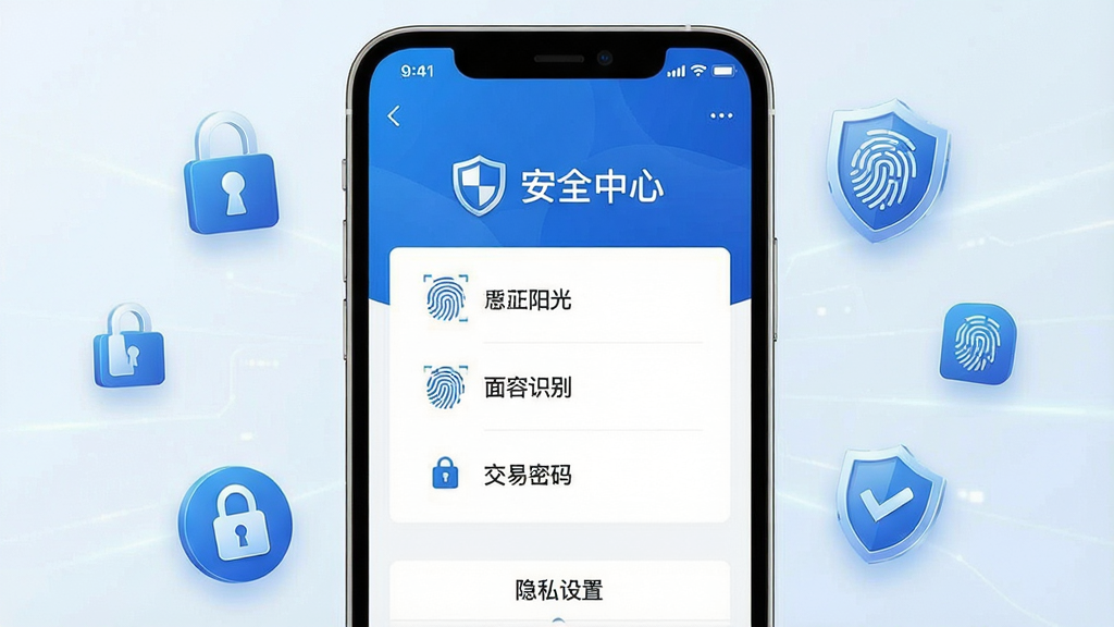 һ��չʾ��������App��ȫ���Ľ����ͼƬ������������һ�������ֻ�����Ļ����ʾ�š��������⡱App�İ�ȫ����ҳ�棬ҳ�涥���ж���ͼ��͡���ȫ���ġ����⣬�м���ָ��ʶ������ʶ�𡢽�������Ȱ�ȫ����ѡ��ײ��С���˽���á���ڡ��ֻ���ΧƯ��������ָ�ơ����ƵȰ�ȫͼ�ꡣ���岼��Ϊ���й�ͼ�����Ƽ���ʮ�㣬ɫ������ɫ�Ͱ�ɫΪ����ϸ�����������ʸɾ����޶���Ԫ�ء�