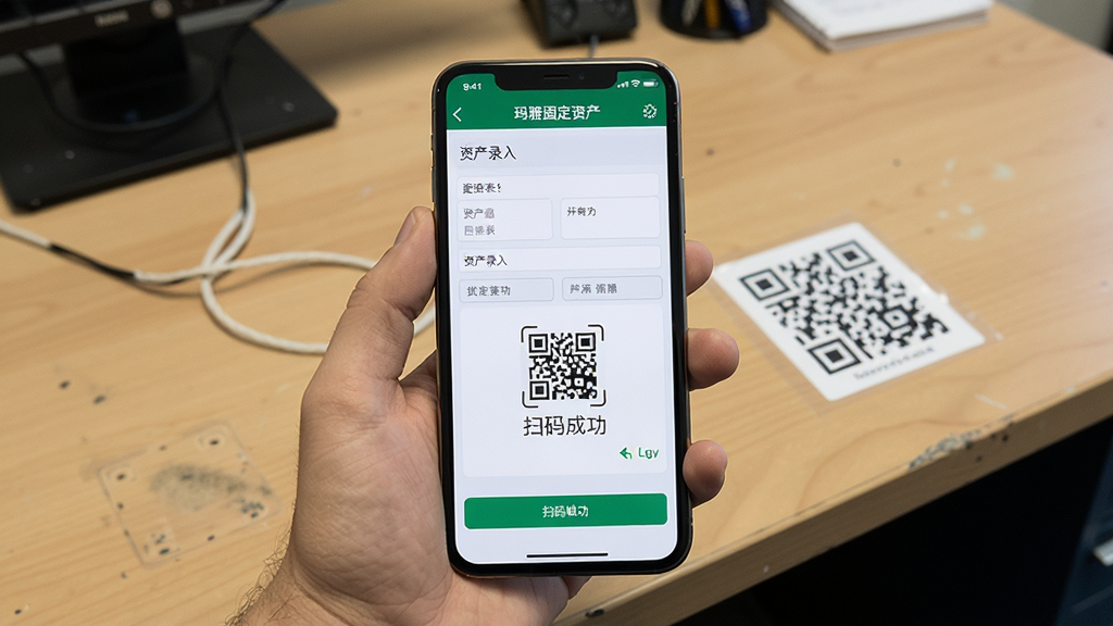 ��ͼ��ʾ�ʣ����������Ź̶��ʲ�App���ֻ��ϵĲ������棬����Ϊ�ֻ���Ļ��ʾ�ʲ�¼�������ɨ��ɹ���ʾ���Ա���һֻ�������ֻ��������Ŷ�ά���ǩ�İ칫�����Ű���У������ʵ�����ϸ�ڰ�����Ļ�ϵı����ֶκͱ�ǩ�ϵĶ�ά�룬�����������ɾ����޶���Ԫ��