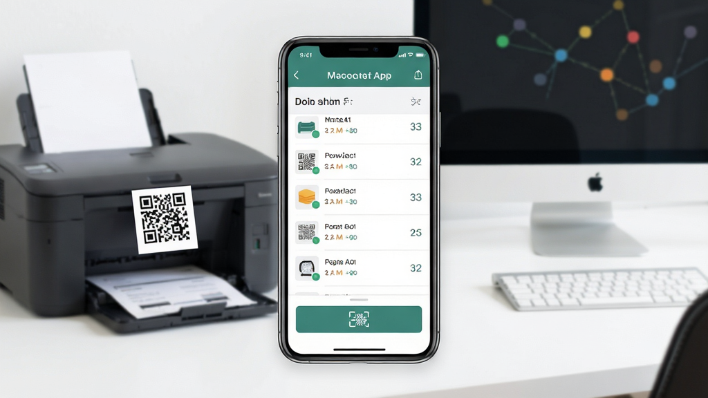 һ��չʾ���Ź̶��ʲ�App����ȫò�Ľ����ͼ�������������ֻ���Ļ����Ļ����ʾ�ʲ��б���ɨ�밴ť�������Ǽ��İ칫�����棬���������Ŷ�ά���ǩ�Ĵ�ӡ���͵��ԣ�����ִ���ƽ��ϸ�����������ʸɾ��޶���Ԫ��