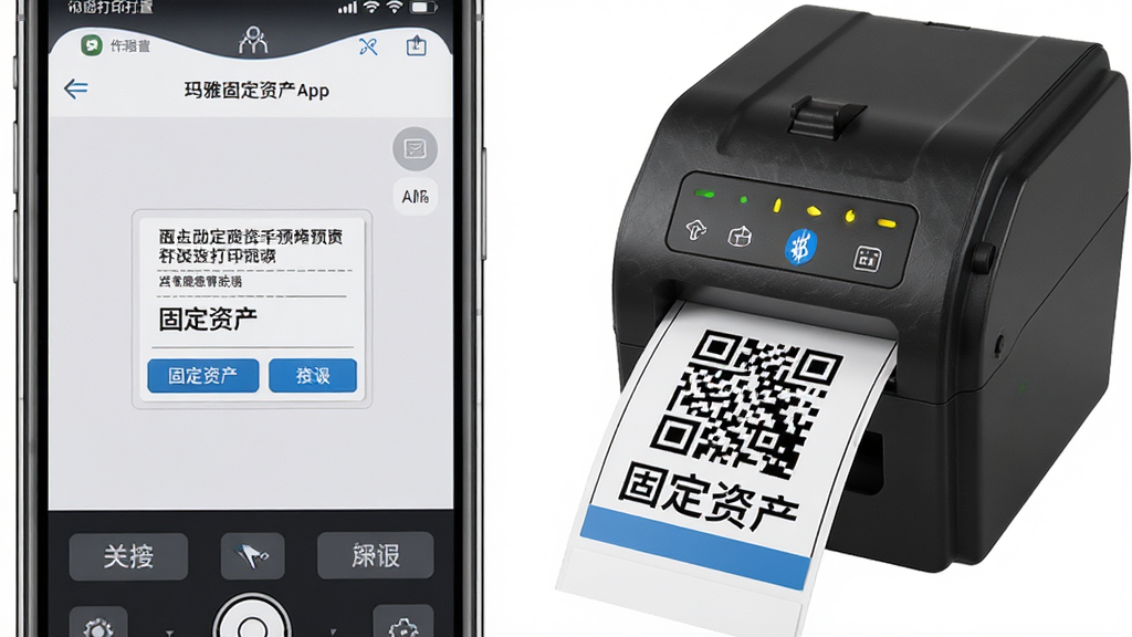 ��ͼ��ʾ�ʣ����������Ź̶��ʲ�App�ı�ǩ��ӡ���ý��棬����Ϊ����ֻ���Ļ��ʾ��ǩģ��Ԥ�����ұ���һ̨������ǩ��ӡ�������³�һ��ӡ�ж�ά��͡��̶��ʲ��������ı�ǩ���Ű����ҽṹ�����дʵ�Ƽ��У�ϸ�ڰ����ֻ���Ļ�ϵİ�ť�ʹ�ӡ��ָʾ�ƣ������������ɾ����޶���Ԫ��