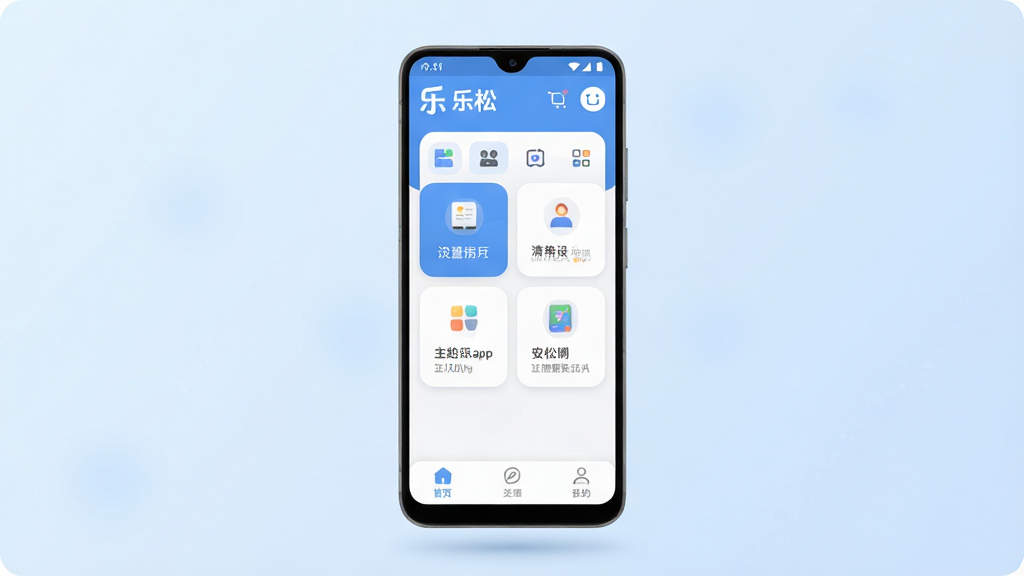 一张展示乐松App核心全貌的图片,主体为一部安卓手机悬浮在淡蓝色渐变背景中央,手机屏幕内显示乐松App主界面,界面顶部有乐松文字标识和简洁图标,中部为功能卡片式布局,底部为三个导航标签,布局清晰对称,排版居中,风格现代扁平化,细节圆润柔和,画质干净无多余元素
