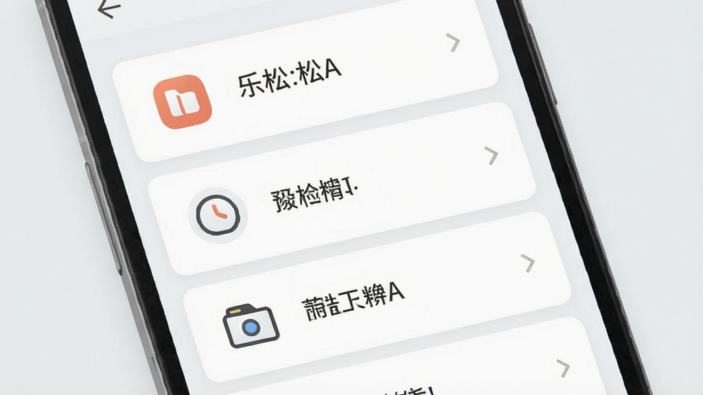 一张展示乐松App核心功能界面的图片,主体为一部安卓手机屏幕特写,屏幕内显示乐松App的功能卡片列表,每张卡片带有简洁图标和文字标签,背景为浅灰色,布局为纵向排列,排版整齐,风格极简现代,细节干净利落,画质清晰无多余元素