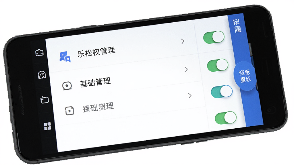 一张展示乐松App权限管理界面的图片,主体为一部安卓手机屏幕,屏幕内显示乐松App的权限设置页面,列表中有几项基础权限开关,背景为白色,布局为纵向列表,排版清晰,风格简洁商务,细节图标精致,画质干净无多余元素