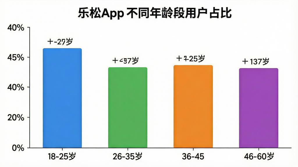 一张展示乐松App不同年龄段用户占比的柱状图图片,主体为白色背景上的彩色柱状图,横轴为年龄段标签包括18-25岁、26-35岁、36-45岁、46-60岁,纵轴为用户占比百分比,柱子颜色分别为蓝色、绿色、橙色、紫色,布局居中,排版清晰,风格数据可视化,细节标注明确,画质干净无多余元素