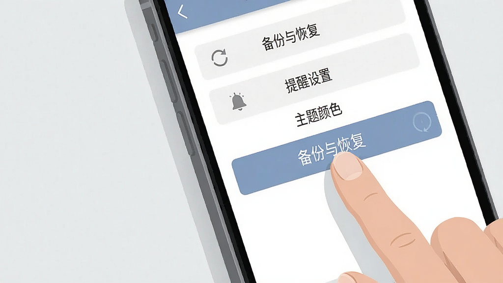 一张手机屏幕特写插画,画面中显示慧影时间流的设置页面,页面上有“备份与恢复”、“提醒设置”、“主题颜色”等选项按钮,一只手正在点击“备份与恢复”按钮,背景是简洁的浅灰色,整体风格写实扁平,画质清晰干净,无多余元素。