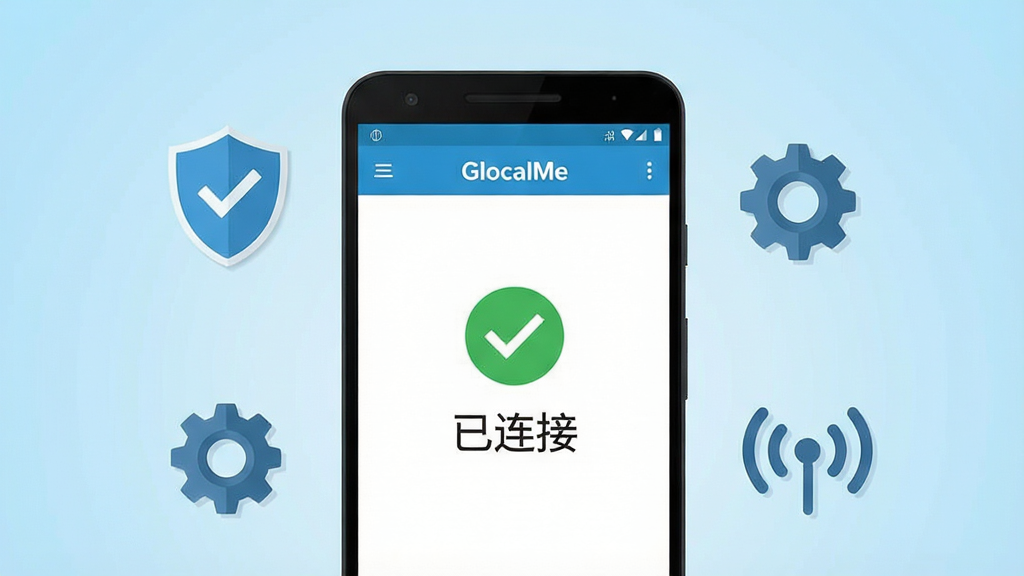 一张展示GlocalMe App在手机上运行流畅的插图,画面中央是一部安卓手机,屏幕显示GlocalMe App的连接成功界面,绿色对勾和“已连接”字样清晰可见。手机周围有盾牌图标代表安全,齿轮图标代表设置,信号波图标代表网络稳定。背景是浅蓝色渐变,风格简洁明快,画质干净,无多余元素。