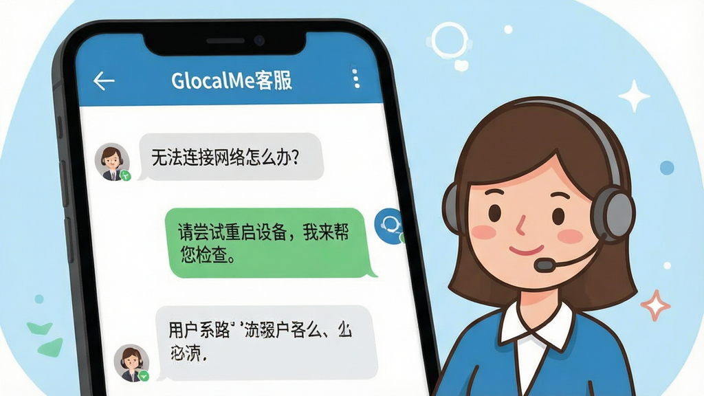 一张GlocalMe在线客服聊天界面插图,画面展示手机屏幕上的聊天窗口,顶部显示“GlocalMe客服”字样,聊天记录中有用户提问“无法连接网络怎么办?”和客服回复“请尝试重启设备,我来帮您检查。”等对话气泡。手机旁边有一个戴着耳麦的客服人员卡通形象,背景是浅蓝色,风格亲切友好,画质干净,无多余元素。