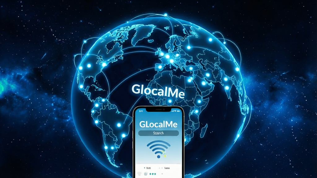 一张GlocalMe全球网络覆盖示意图,画面主体是一个发光的地球仪,地球表面用亮蓝色光点标注出各大洲的主要国家和地区,光点之间有弧线连接,代表网络互通。地球前方有一部手机,手机屏幕显示GlocalMe App正在搜索网络的界面,屏幕上方悬浮着“GlocalMe”字样。背景是深蓝色星空,风格科技感十足,细节清晰,画质干净,无多余元素。