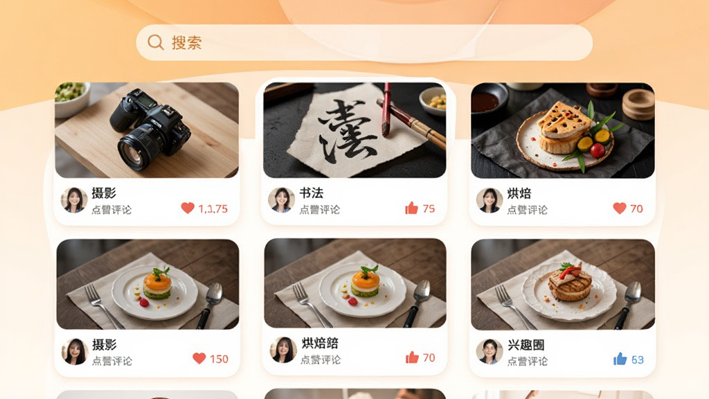 ��Ȥ��App����ȤȦ�ӽ��棬�ֻ���Ļչʾ�����Ȥ��������Ӱ���鷨���決�ȣ�ÿ�������·����û���������Ʒ����ͼ�͵��������������涥����������������ÿ�Ƭʽ���֣�ɫ����ů������������¼�࣬���ʸɾ��޶���Ԫ��
