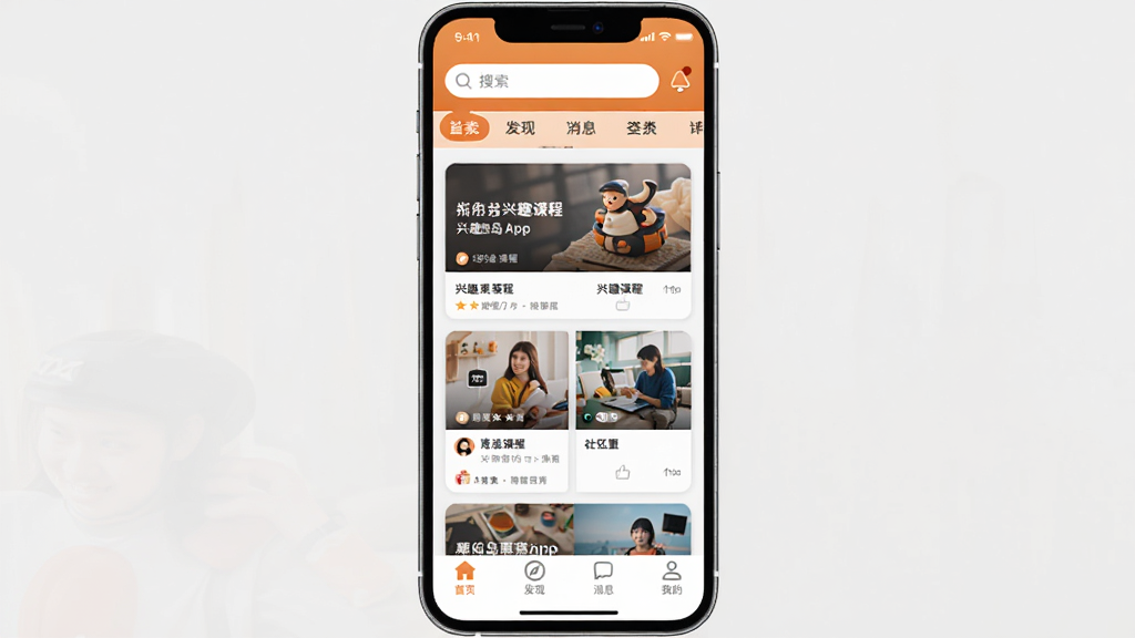 ��Ȥ��App������ȫòչʾ���ֻ���Ļ��������Ȥ��App��ҳ�Ƽ������Ϸ����������ͷ����ǩ���в��ǿ�Ƭʽ��Ȥ�γ����������ӻ�����У��·�����ҳ�����֡���Ϣ���ҵ��ĸ��ײ�������ť�����岼��������ɫ������ů�ĳȰ�ɫ��Ϊ��������ִ���࣬���ʸɾ��޶���Ԫ��