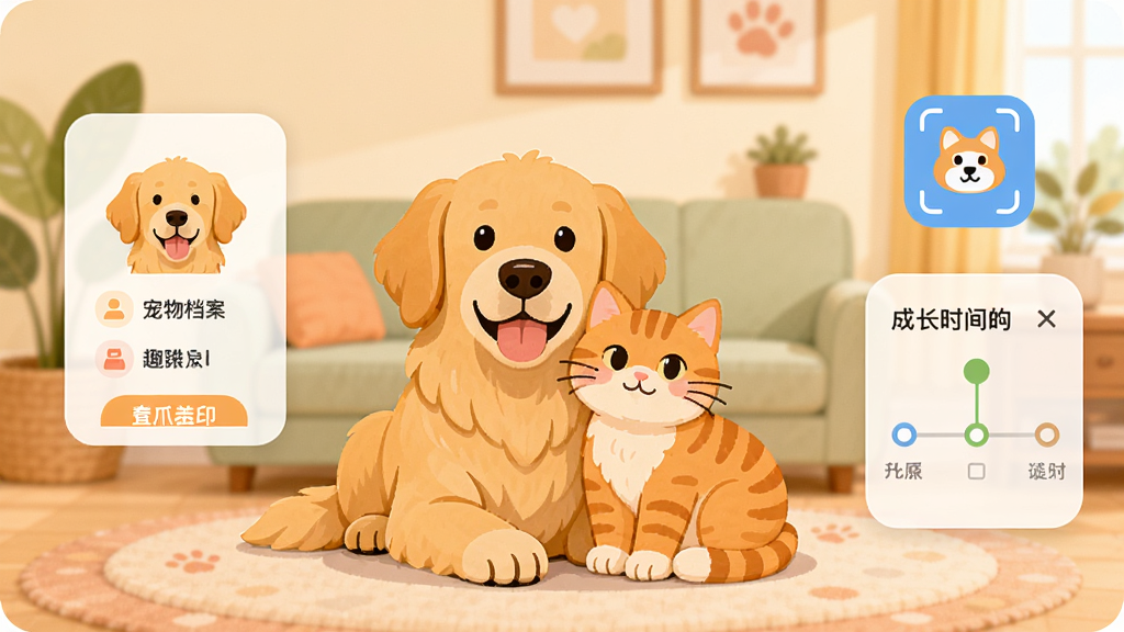 ȤצӡApp������ȫòչʾ������������һֻ�ɰ��Ľ�ëȮ��һֻ��è������һ�𣬱�������ܰ�ļҾӻ�������������ų��ﵵ����Ƭ���Ҳ���ʾ��AI����ʶ���ͼ��ͳɳ�ʱ���ᣬ����ɫ����ů���������ñ�ƽ���廭���ϸ��Բ�󣬻��ʸɾ��������޶���Ԫ��