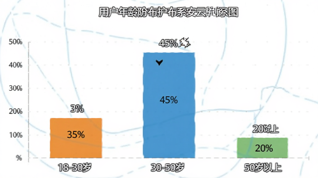 智慧防汛护安云系统 用户年龄分布柱状图 18-30岁 35% 30-50岁 45% 50岁以上 20% 彩色柱状图 数据标签清晰 简洁背景 高画质