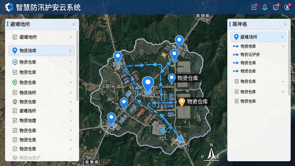 智慧防汛护安云系统 应急物资与避难场所地图界面 卫星地图底图 蓝色定位图标 避难场所列表 物资仓库标记 路线导航箭头 清晰明了 高画质